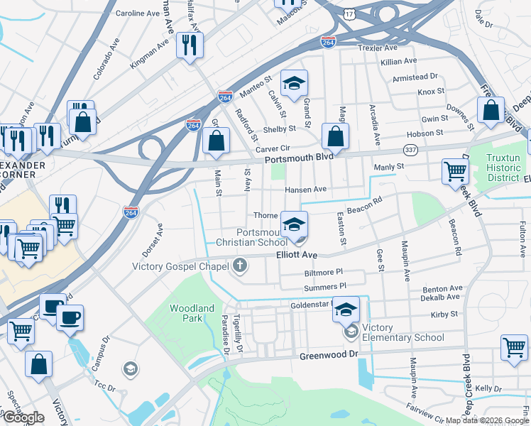 map of restaurants, bars, coffee shops, grocery stores, and more near 213 Woodstock Street in Portsmouth
