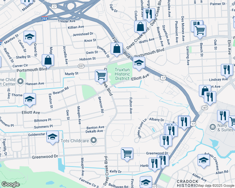 map of restaurants, bars, coffee shops, grocery stores, and more near 106 Baldwin Avenue in Portsmouth