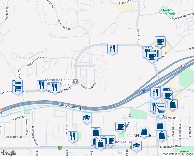 map of restaurants, bars, coffee shops, grocery stores, and more near 470 Turtleback Road in Mesquite