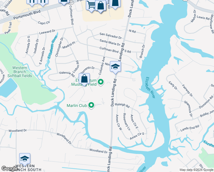 map of restaurants, bars, coffee shops, grocery stores, and more near 2008 Dock Landing Road in Chesapeake