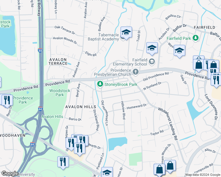map of restaurants, bars, coffee shops, grocery stores, and more near 5540 Old Providence Road in Virginia Beach