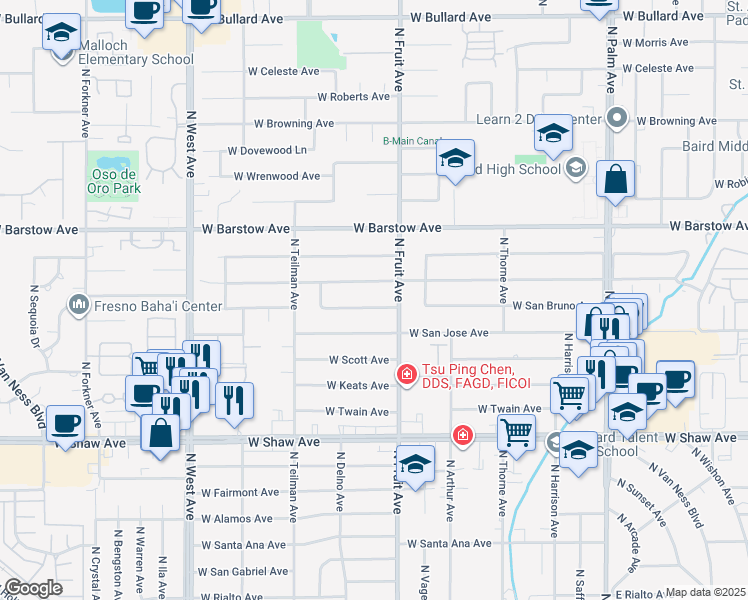 map of restaurants, bars, coffee shops, grocery stores, and more near 1448 West San Bruno Avenue in Fresno