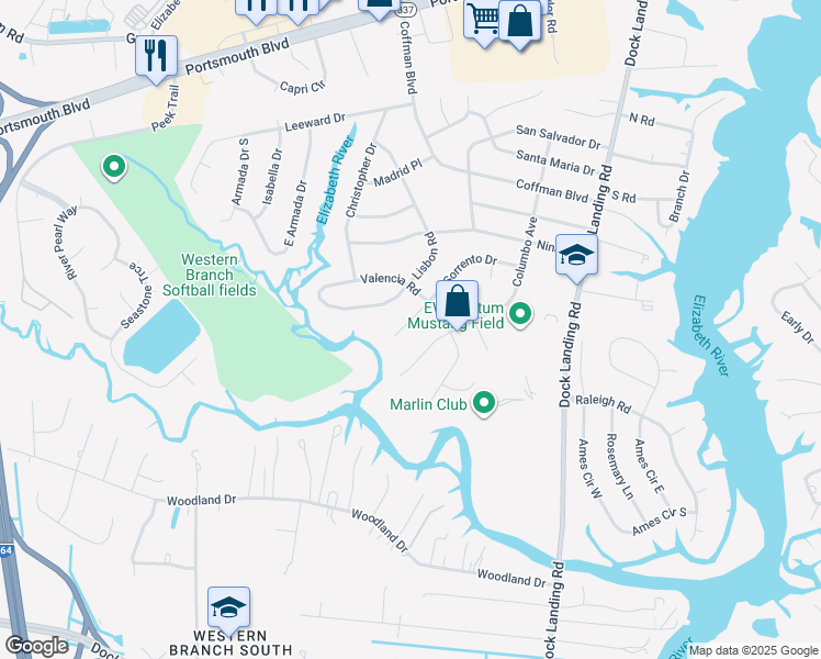 map of restaurants, bars, coffee shops, grocery stores, and more near 4213 Sorrento Drive in Chesapeake