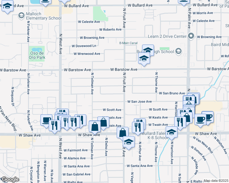 map of restaurants, bars, coffee shops, grocery stores, and more near 1448 West San Bruno Avenue in Fresno
