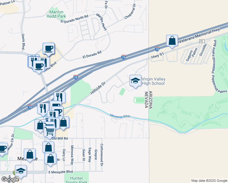 map of restaurants, bars, coffee shops, grocery stores, and more near 431 Valley View Circle in Mesquite