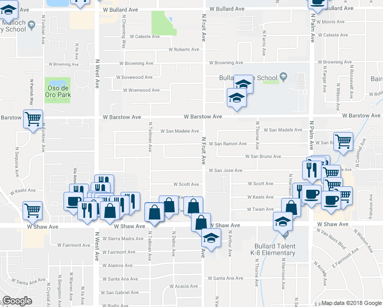 map of restaurants, bars, coffee shops, grocery stores, and more near 1448 West San Bruno Avenue in Fresno