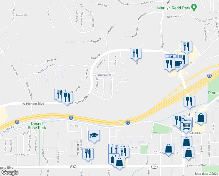 map of restaurants, bars, coffee shops, grocery stores, and more near 441 Turtleback Road in Mesquite