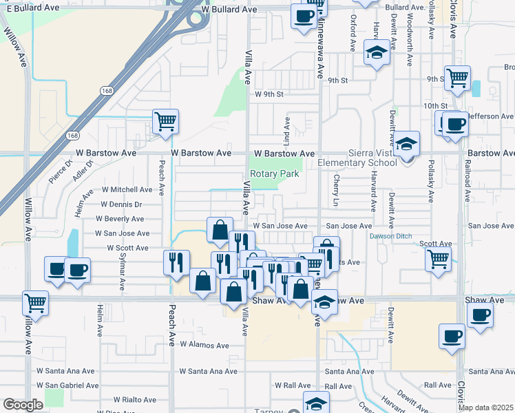 map of restaurants, bars, coffee shops, grocery stores, and more near 1462 Plymouth Rock Way in Clovis