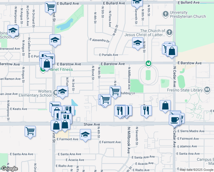 map of restaurants, bars, coffee shops, grocery stores, and more near 1341 East San Bruno Avenue in Fresno