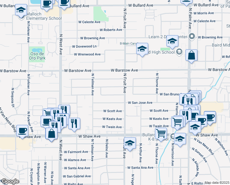 map of restaurants, bars, coffee shops, grocery stores, and more near 1448 West San Bruno Avenue in Fresno