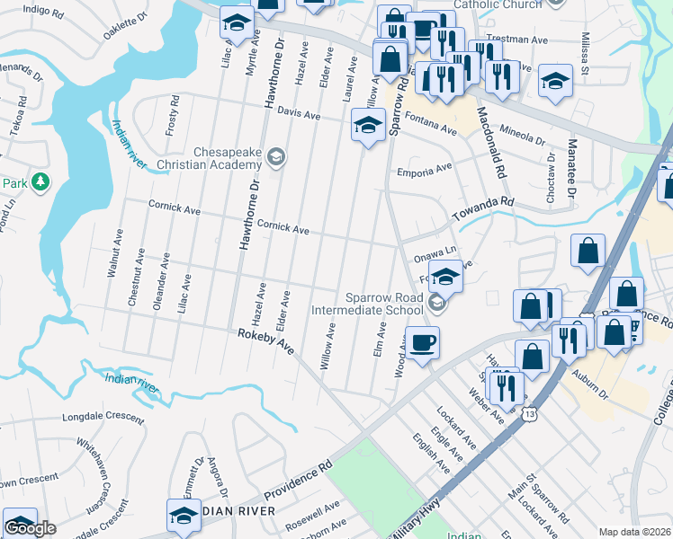 map of restaurants, bars, coffee shops, grocery stores, and more near 1419 Willow Avenue in Chesapeake