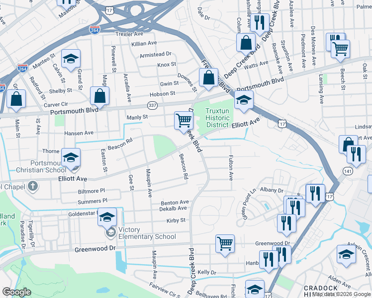 map of restaurants, bars, coffee shops, grocery stores, and more near 2611 Elliott Avenue in Portsmouth