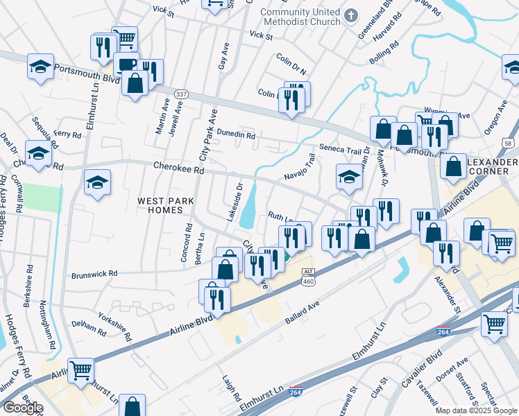 map of restaurants, bars, coffee shops, grocery stores, and more near 210 Navajo Trail in Portsmouth