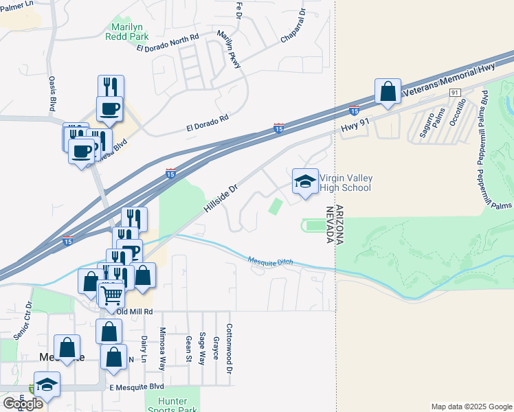 map of restaurants, bars, coffee shops, grocery stores, and more near 431 Valley View Circle in Mesquite