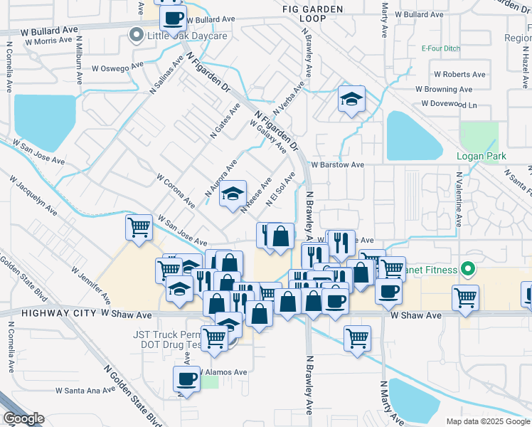 map of restaurants, bars, coffee shops, grocery stores, and more near 5278 North El Sol Avenue in Fresno