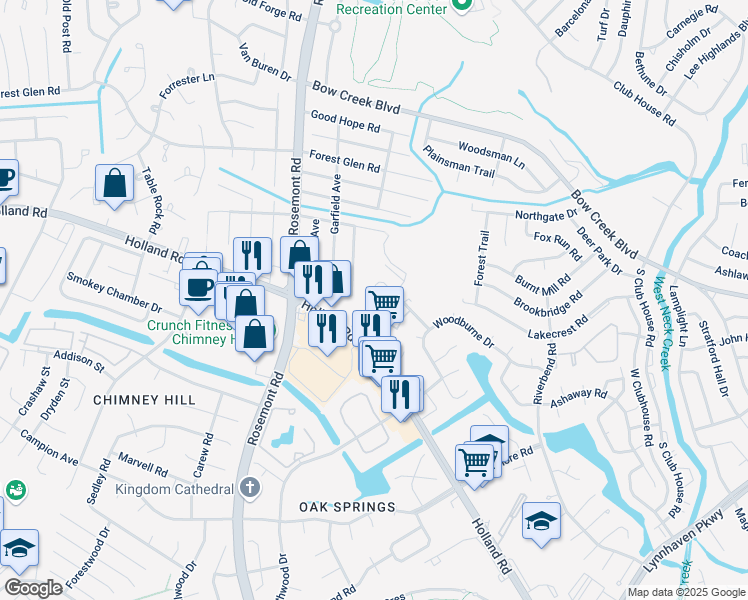 map of restaurants, bars, coffee shops, grocery stores, and more near 3445 Waltham Circle in Virginia Beach