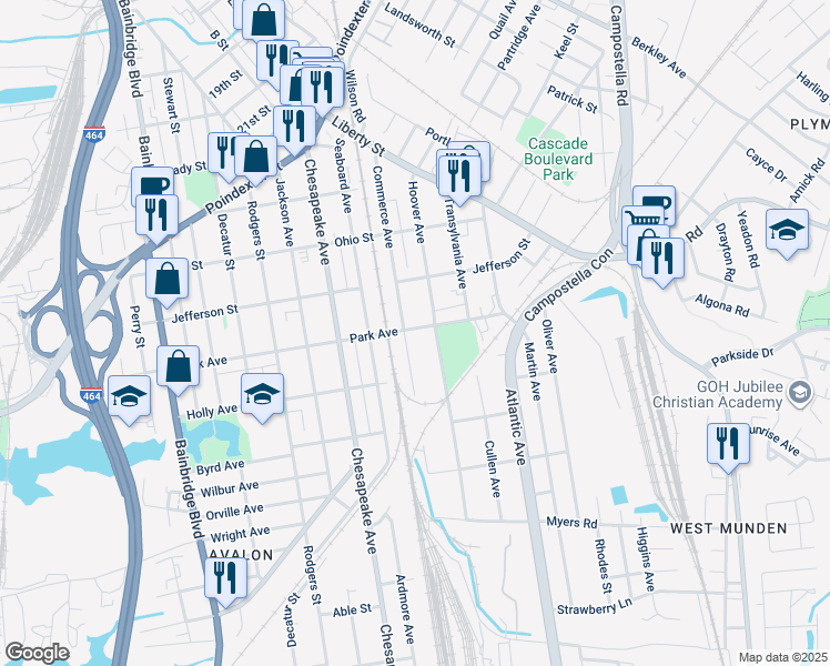 map of restaurants, bars, coffee shops, grocery stores, and more near 1606 Park Avenue in Chesapeake