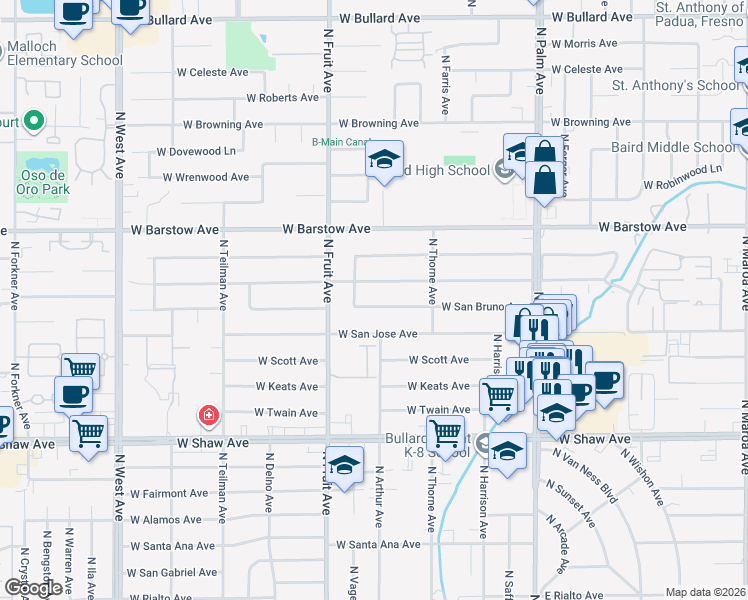 map of restaurants, bars, coffee shops, grocery stores, and more near 1314 West San Bruno Avenue in Fresno