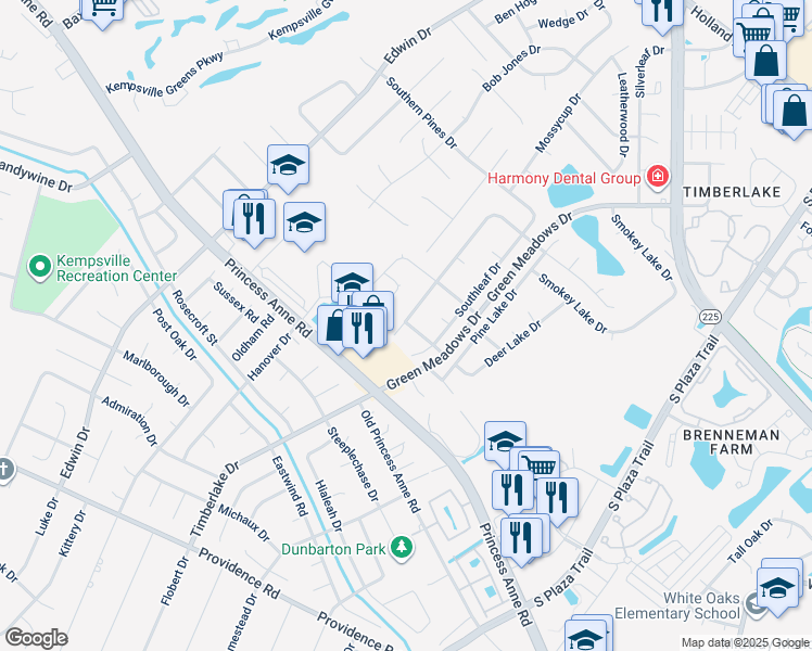 map of restaurants, bars, coffee shops, grocery stores, and more near 4512 Pinyon Drive in Virginia Beach