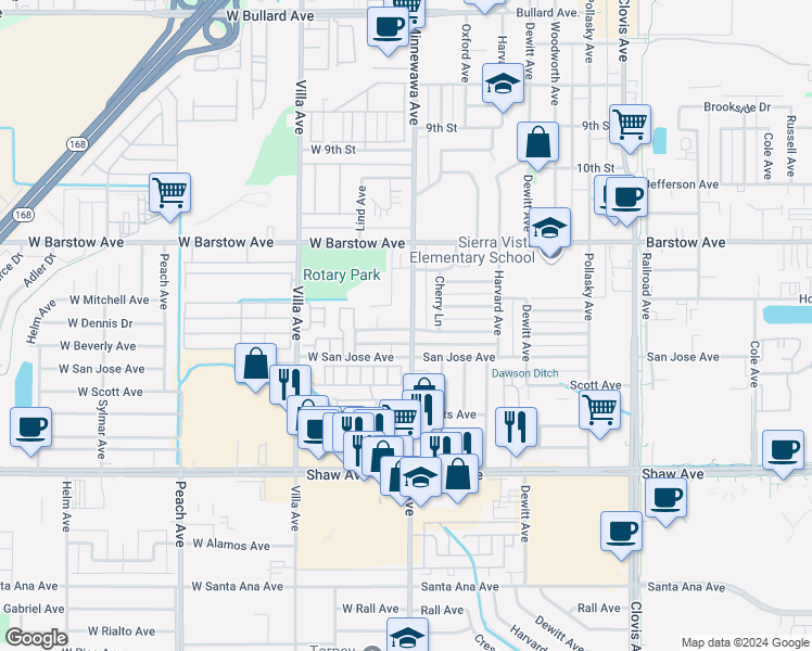 map of restaurants, bars, coffee shops, grocery stores, and more near 1446 Minnewawa Avenue in Clovis