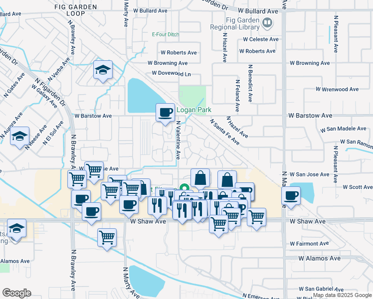 map of restaurants, bars, coffee shops, grocery stores, and more near 5200 North Valentine Avenue in Fresno