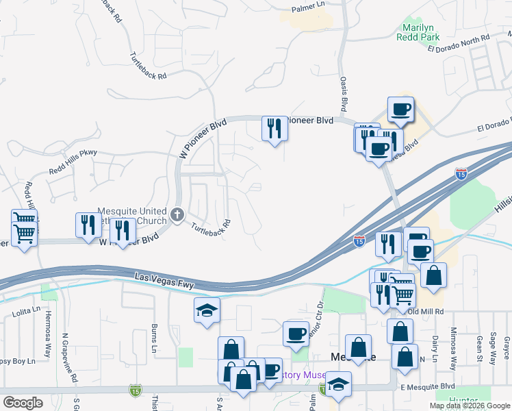map of restaurants, bars, coffee shops, grocery stores, and more near 260 Haley Way in Mesquite