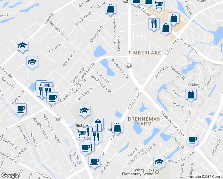map of restaurants, bars, coffee shops, grocery stores, and more near 4400 Smokey Lake Drive in Virginia Beach