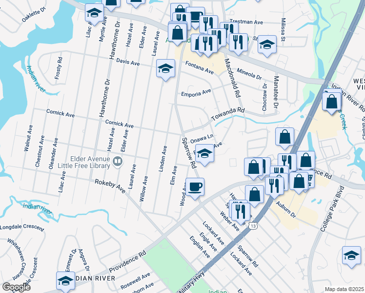 map of restaurants, bars, coffee shops, grocery stores, and more near 1408 Elm Avenue in Chesapeake