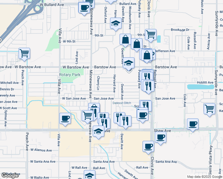 map of restaurants, bars, coffee shops, grocery stores, and more near 235 Beverly Drive in Clovis
