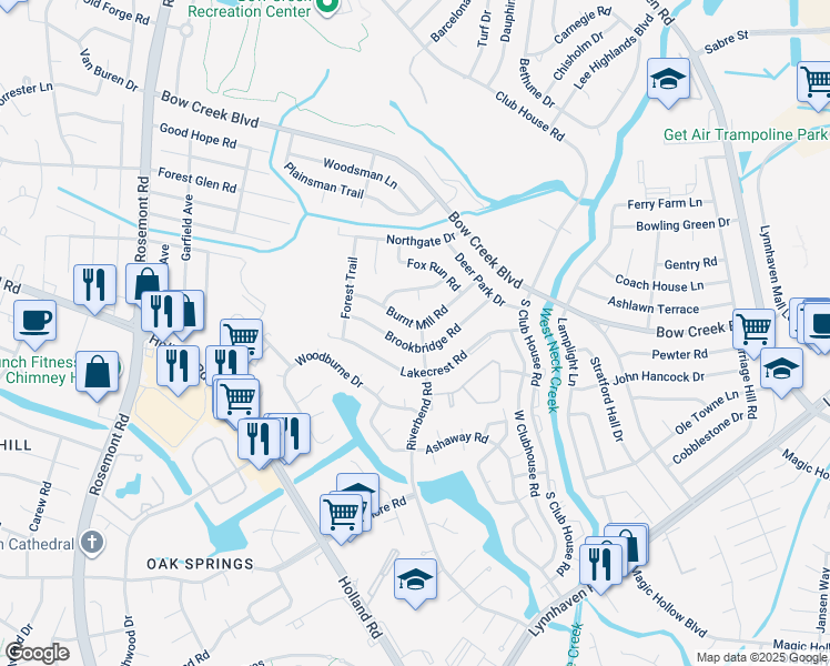 map of restaurants, bars, coffee shops, grocery stores, and more near 3301 Burnt Mill Road in Virginia Beach