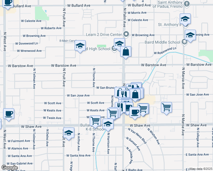 map of restaurants, bars, coffee shops, grocery stores, and more near 1122 West San Bruno Avenue in Fresno