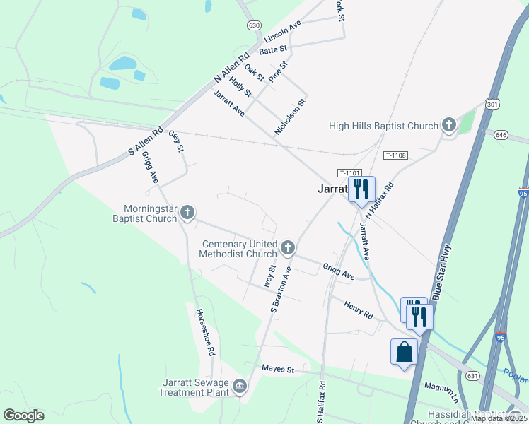 map of restaurants, bars, coffee shops, grocery stores, and more near 224 Park Street in Jarratt