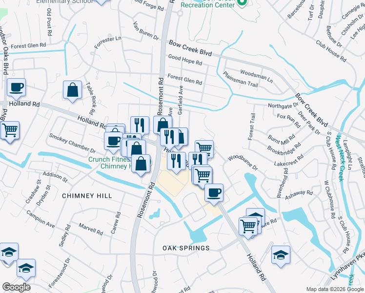 map of restaurants, bars, coffee shops, grocery stores, and more near 3574 Holland Road in Virginia Beach