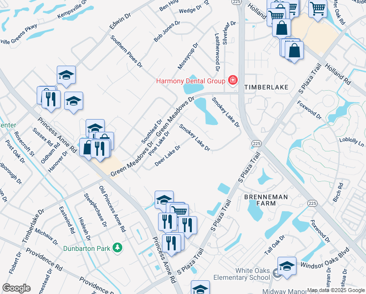 map of restaurants, bars, coffee shops, grocery stores, and more near 713 Deer Lake Drive in Virginia Beach