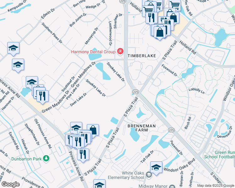 map of restaurants, bars, coffee shops, grocery stores, and more near 4293 Smokey Lake Drive in Virginia Beach