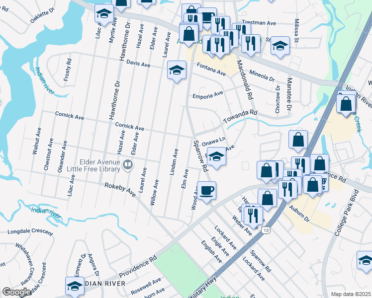 map of restaurants, bars, coffee shops, grocery stores, and more near 1405 Elm Avenue in Chesapeake