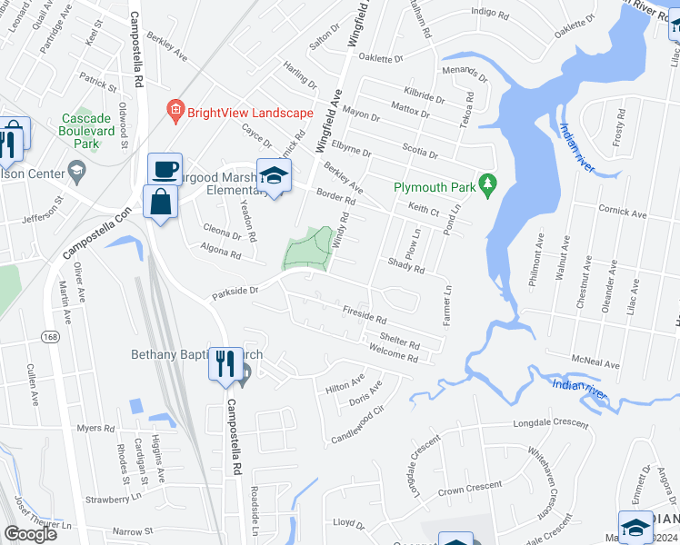 map of restaurants, bars, coffee shops, grocery stores, and more near 2820 Parkside Drive in Chesapeake