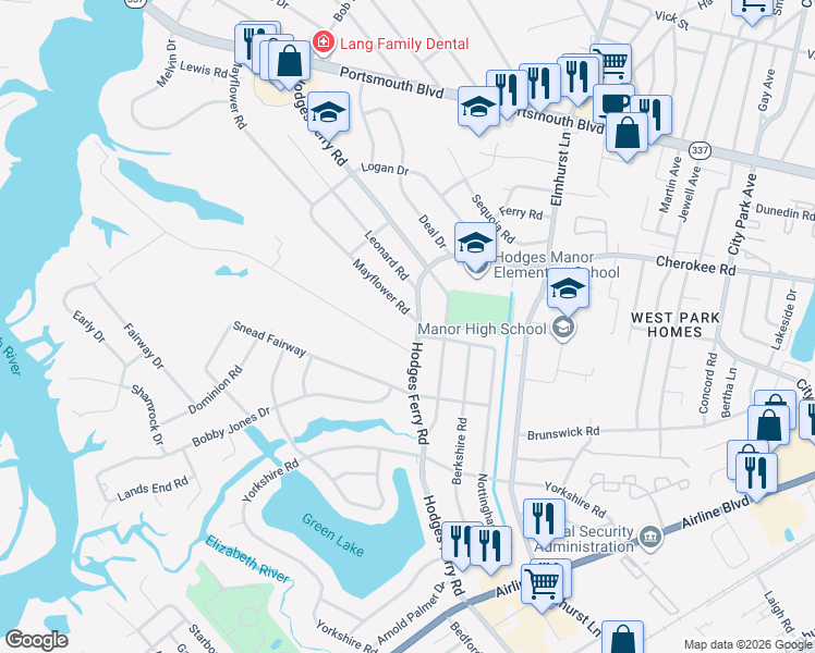 map of restaurants, bars, coffee shops, grocery stores, and more near 1500 Hodges Ferry Road in Portsmouth