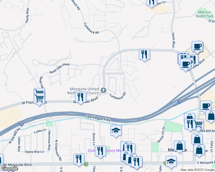 map of restaurants, bars, coffee shops, grocery stores, and more near 449 Canyon Drive in Mesquite