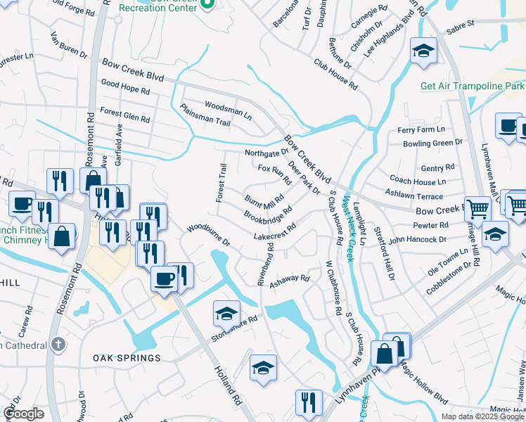map of restaurants, bars, coffee shops, grocery stores, and more near 3301 Burnt Mill Road in Virginia Beach