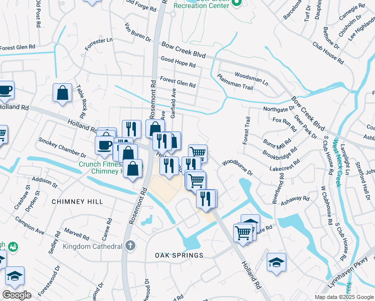 map of restaurants, bars, coffee shops, grocery stores, and more near 3450 Waltham Circle in Virginia Beach
