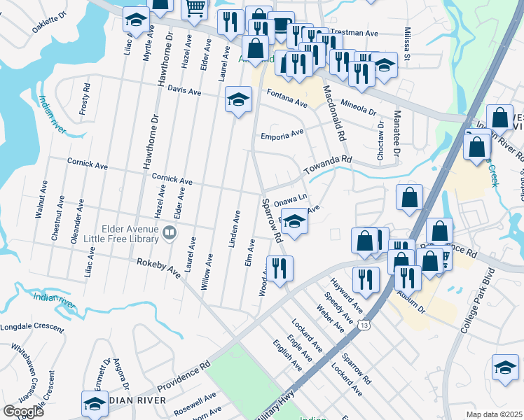 map of restaurants, bars, coffee shops, grocery stores, and more near 1408 Elm Avenue in Chesapeake