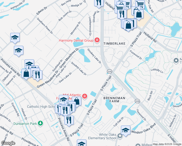 map of restaurants, bars, coffee shops, grocery stores, and more near 4400 Smokey Lake Drive in Virginia Beach