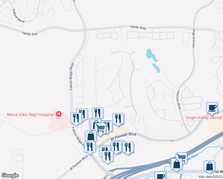 map of restaurants, bars, coffee shops, grocery stores, and more near 448 Highland View Court in Mesquite