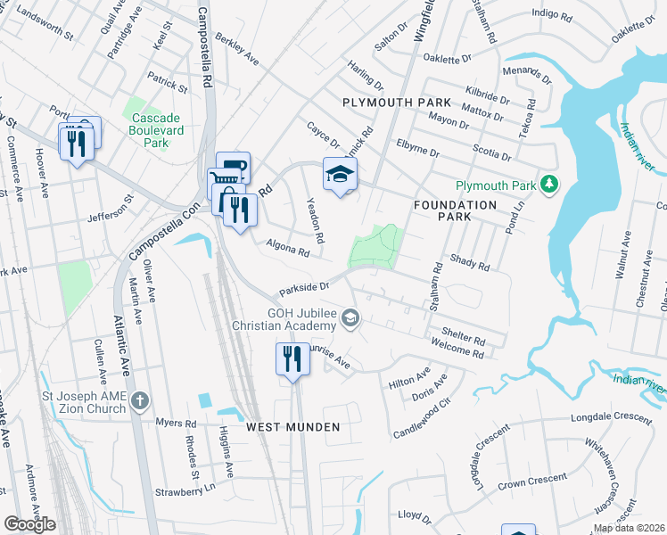 map of restaurants, bars, coffee shops, grocery stores, and more near 1404 Algona Road in Chesapeake
