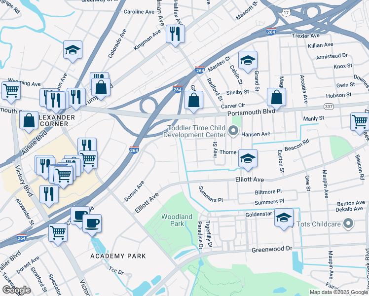 map of restaurants, bars, coffee shops, grocery stores, and more near 3612 Braxton Avenue in Portsmouth