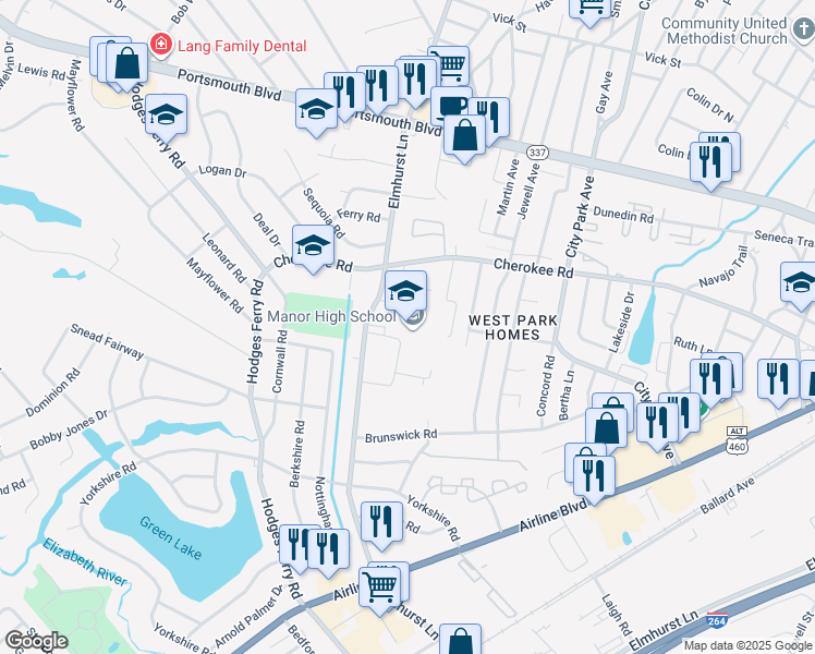 map of restaurants, bars, coffee shops, grocery stores, and more near 1401 Elmhurst Lane in Portsmouth
