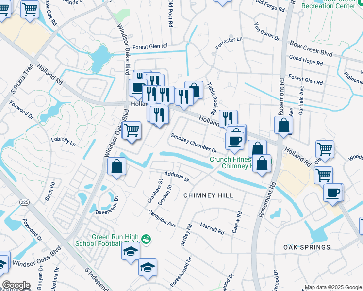 map of restaurants, bars, coffee shops, grocery stores, and more near 3811 Chimney Creek Drive in Virginia Beach