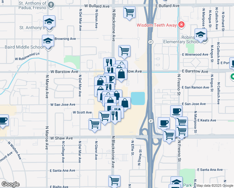 map of restaurants, bars, coffee shops, grocery stores, and more near 5212 North Blackstone Avenue in Fresno