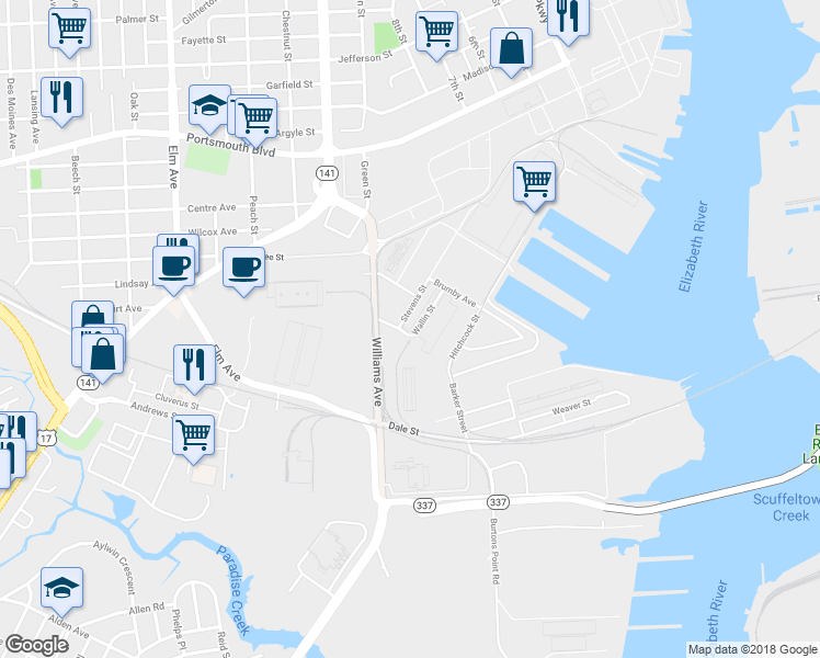 map of restaurants, bars, coffee shops, grocery stores, and more near in Portsmouth